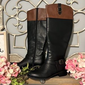 Solanz Full Length Boots Black Tan  Zip up Gretchen Winter Dress Womens 7.5 New